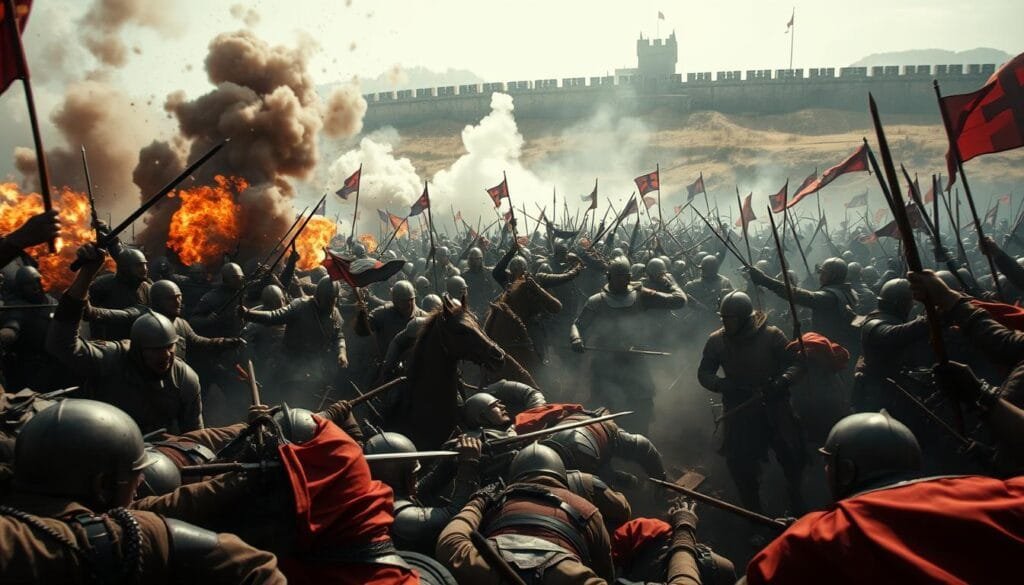 A chaotic scene unfolds on the battlefield, soldiers in disarray, weapons clashing, and confusion reigning supreme. In the foreground, a group of combatants stumble over each other, their expressions twisted in bewilderment. Smoke billows from nearby explosions, obscuring the middle ground, where a tangle of horses and riders collide in a cacophony of shouts and clanging metal. In the distance, the hazy outline of a castle wall stands as a silent witness to the absurd spectacle. The lighting is harsh, with deep shadows and highlights that accentuate the frenzied nature of the scene. A wide-angle lens captures the scale of the mayhem, while a low camera angle heightens the sense of chaos and desperation.
