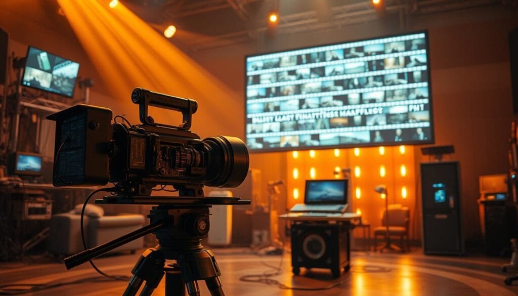 A cinematic landscape of technological evolution, bathed in warm, golden light. In the foreground, a vintage film camera sits atop a sturdy tripod, its intricate mechanics meticulously crafted. Behind it, a towering screen displays a mesmerizing sequence of film frames, each one a testament to the advancements in visual storytelling. In the background, a network of cables and futuristic equipment hint at the ongoing pursuit of technical perfection, as filmmakers constantly push the boundaries of what is possible. The scene exudes a sense of reverence for the art form, where tradition and innovation coexist in a harmonious dance, shaping the ever-evolving landscape of cinema.