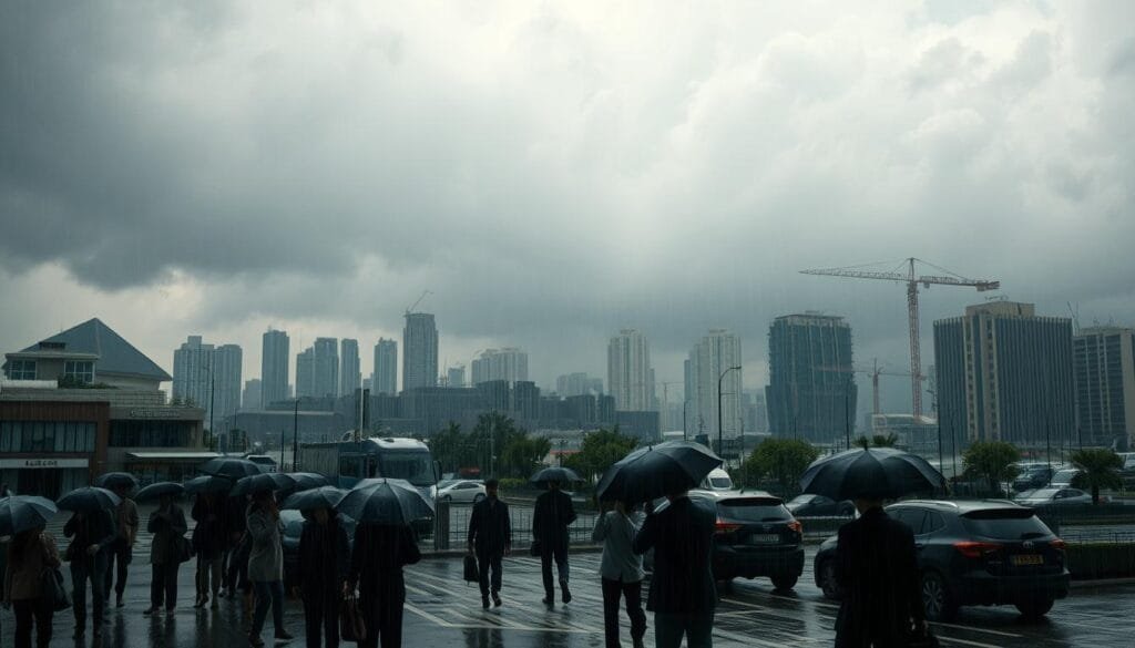 A cityscape shrouded in looming storm clouds, rain pouring down. In the foreground, people struggle against strong winds, clutching umbrellas and briefcases. Swelling floodwaters creep up the streets, damaging parked cars and storefronts. In the distance, cranes and construction sites stand idle, reflecting the economic stagnation. Muted colors, a somber palette reflecting the weight of the climate crisis. Dramatic, high-contrast lighting casts long shadows, creating a sense of unease and uncertainty. A sweeping, cinematic view that captures the real-world consequences of climate change on businesses, infrastructure, and daily life.