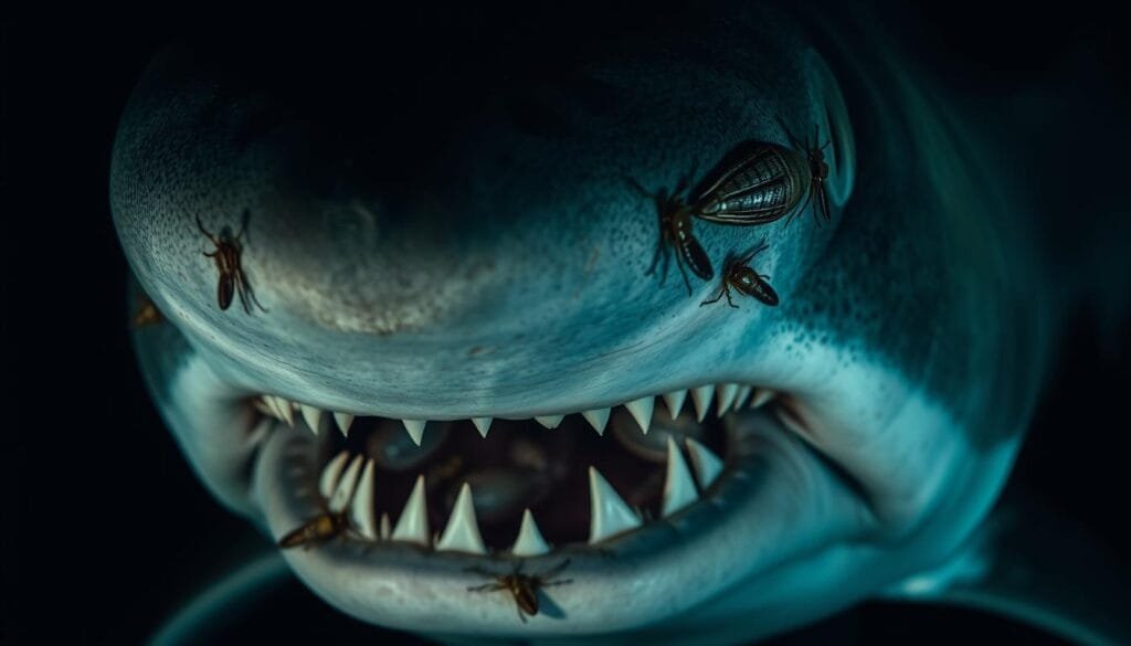 A close-up view of a Greenland shark, its gaping maw exposing rows of sharp teeth, as several parasitic copepods cling to its eyes, creating an eerie and unsettling scene. The shark's skin has a mottled, greenish-gray hue, and its eyes appear to be partially obscured by the small crustaceans. The lighting is moody and dramatic, casting deep shadows that accentuate the shark's intimidating features. The background is blurred, keeping the focus on the intense interaction between the predator and its parasitic passengers. This image captures the strange and unexpected relationships that can exist within the natural world.