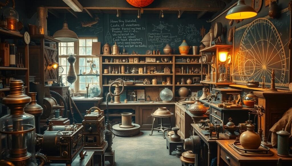 A cluttered workshop overflowing with curious historical inventions, bathed in warm, amber-hued lighting. In the foreground, an array of bizarre mechanical contraptions - a perpetual motion machine, a steam-powered umbrella, and an early prototype of a robotic arm. In the middle ground, shelves brimming with strange devices, from an early 20th-century flying machine to a 19th-century phrenology scanner. In the background, a large chalkboard covered in scribbles and diagrams, hinting at the inquiring minds that dreamed up these unusual creations. An atmosphere of scientific wonder and eccentricity pervades the scene, capturing the spirit of forgotten, peculiar inventions.