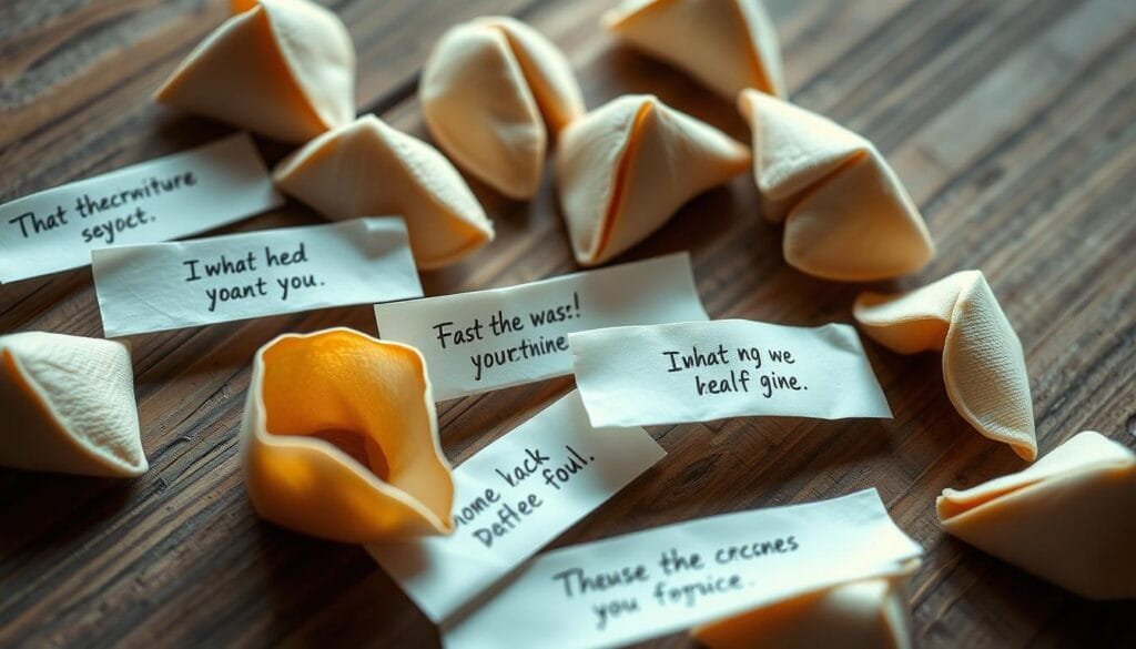 A collection of delicate fortune cookies, their gossamer shells gently opened to reveal unique handwritten messages scrawled within. The cookies are artfully arranged on a weathered wooden surface, bathed in soft, diffused lighting that casts subtle shadows and highlights the intricate textures. The overall composition conveys a sense of whimsy, nostalgia, and the intriguing secrets hidden in these ordinary yet extraordinary confections. The scene is captured from a slightly elevated angle, allowing the viewer to fully appreciate the varied messages and the intriguing nature of this unusual collection.