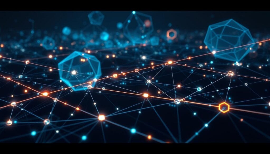 A complex network of interconnected nodes, lines, and symbols, representing the intricate communication protocols that enable the internet's seamless operation. An abstract, technical landscape with a futuristic, digital aesthetic. Glowing lines crisscross the frame, depicting the flow of data and information. Translucent polygons and geometric shapes hover in the background, suggesting the underlying infrastructure. Muted color tones, with hints of blues and greens, convey a sense of technological sophistication. Dramatic lighting casts dramatic shadows, emphasizing the depth and complexity of the scene. The overall impression is one of a highly organized, yet dynamic, system of communication.