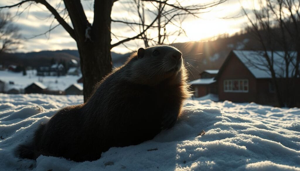 A cozy, dimly lit scene of Punxsutawney Phil, the famous weather-forecasting groundhog, emerging from his burrow on a crisp, overcast morning. The elderly, chubby rodent casts a curious glance as sunlight filters through the bare trees, his shadow casting a long silhouette across the snowy ground. In the background, a quaint Pennsylvania town nestled in rolling hills and a bright, cloudy sky suggest the anticipation of an early spring. The image conveys a sense of tradition, folklore, and the whimsical nature of relying on an animal's behavior to predict the weather.