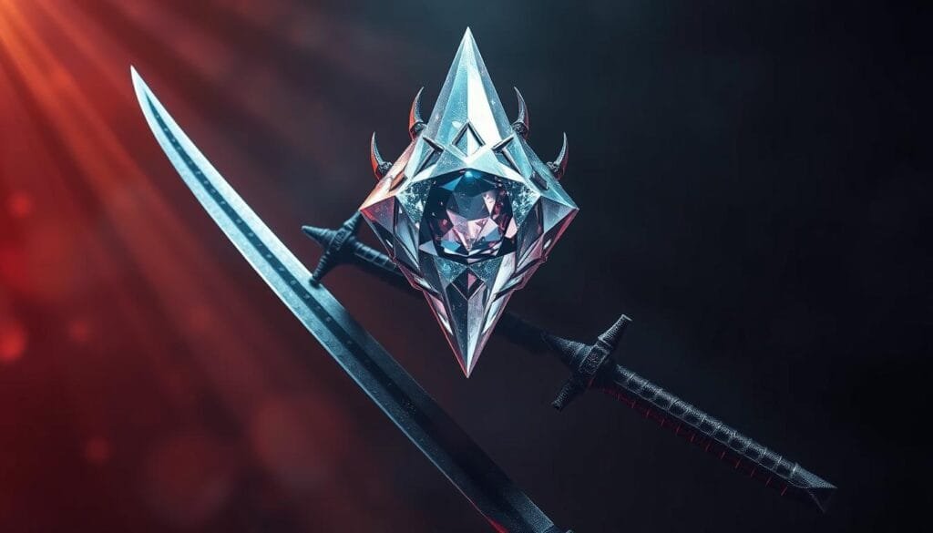 A cursed diamante shimmering with an eerie glow, its sharp points and intricate edges casting shadows on a dark, atmospheric background. The Muramasa blades, legendary for their curse, are crossed beneath the jewel, their blades glistening with an otherworldly energy. The scene is bathed in a mixture of warm and cool tones, creating a sense of foreboding and unease. The lighting is dramatic, with rays of light streaming through an unseen source, highlighting the sinister nature of these cursed objects. The overall composition is balanced and visually striking, drawing the viewer's attention to the central focus of the haunting diamante and its accompanying swords.