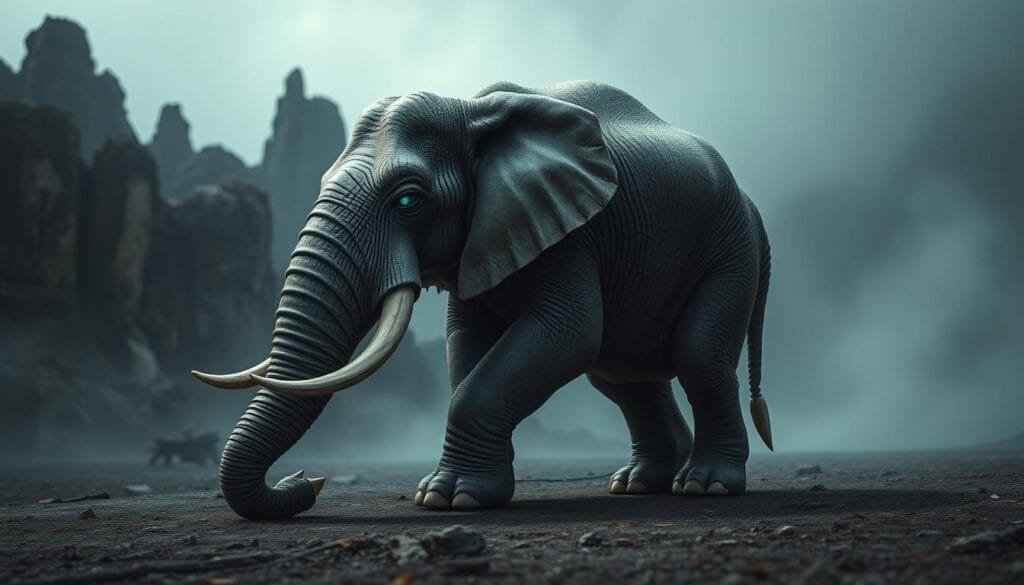 A cyclopean elephant in a crouching, diminutive form, its single eye glowing with an unearthly luminance, against a backdrop of ancient rock formations and a moody, mist-shrouded landscape. The creature's wrinkled, leathery skin is a mottled gray, its massive trunk curled protectively around its diminutive body. Dramatic side-lighting casts deep shadows, emphasizing the creature's powerful musculature and primordial, otherworldly presence. An unsettling fusion of disparate elements, this fantastical vision evokes the mythic legacy of the cyclops, while hinting at the possible fossil origins that may have inspired such legendary beasts.