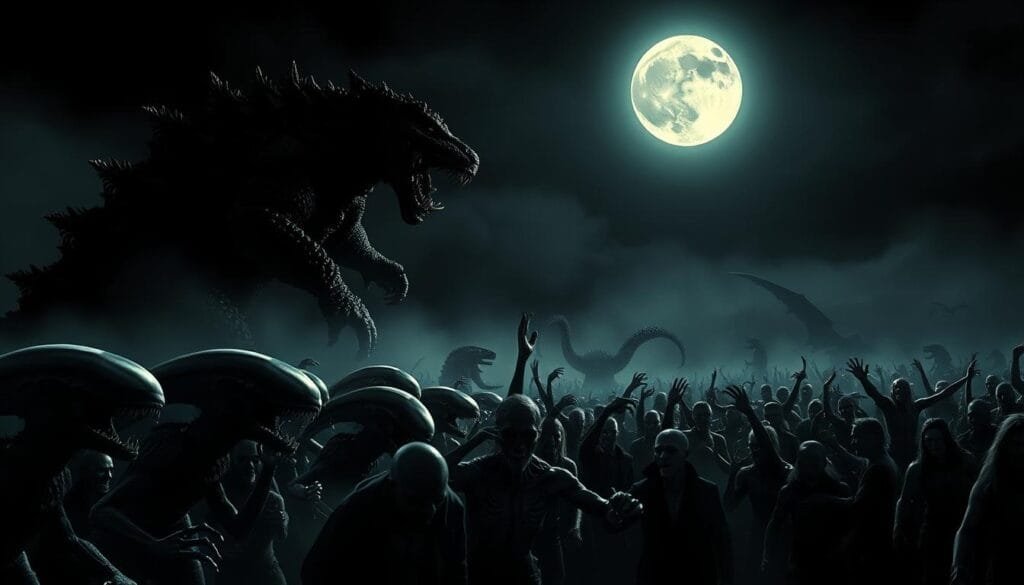A dark, foreboding scene of iconic monsters from popular culture colliding in a clash of mythological proportions. In the foreground, a towering Godzilla-like creature towers over a legion of Xenomorph-inspired aliens, their gaping maws and sharp talons poised to strike. In the middle ground, a horde of zombies and vampires emerge from the shadows, their pale, decaying forms illuminated by the eerie glow of a full moon overhead. In the distance, the silhouettes of legendary beasts such as a Kraken and Cerberus can be seen, their presence adding to the ominous atmosphere. The scene is lit by a moody, chiaroscuro lighting scheme, creating deep shadows and dramatic highlights that heighten the sense of danger and the macabre. The overall composition is designed to evoke a sense of foreboding and the timeless allure of monsters that have captured the public's imagination for generations.