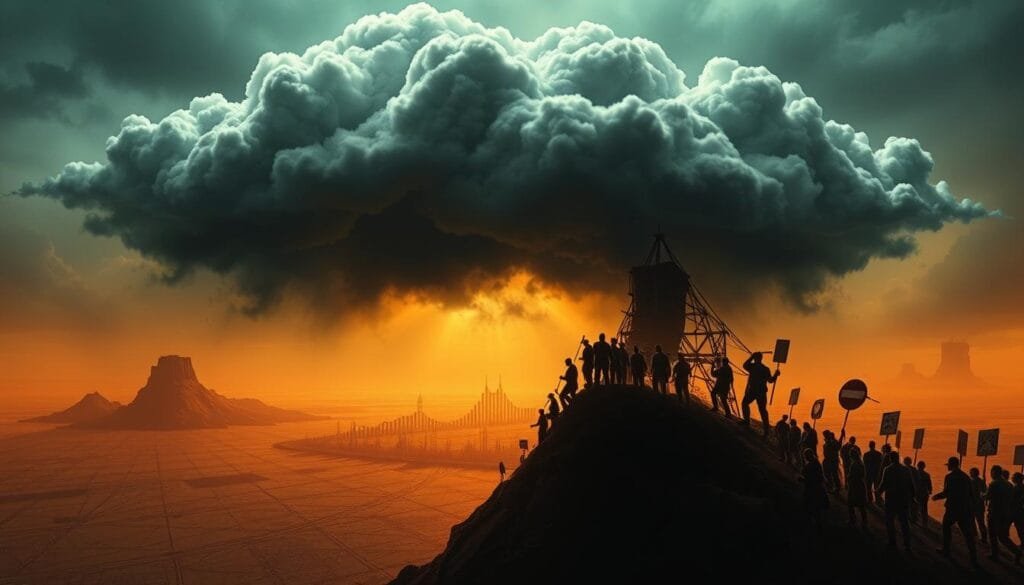 A dark, ominous cloud of misinformation hovers over a landscape of scientific graphs and charts, obscuring the truth about climate change. In the foreground, a tangled web of twisted, distorted facts and figures casts an eerie shadow, while in the middle ground, a parade of skeptics and deniers propagate their false narratives against a backdrop of a fractured, fragmented world. The scene is lit by an ominous, sickly glow, creating an atmosphere of confusion, uncertainty, and the undermining of critical scientific evidence. The overall tone evokes the dangerous consequences of the spread of disinformation surrounding the urgent issue of climate change.