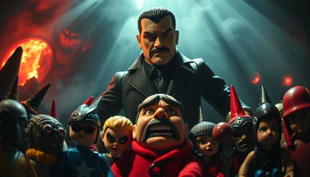 A dark, sinister toy dictator looms over a twisted, dystopian toy universe. Ominous shadows cast across the tainted landscape, once vibrant colors now muted and ominous. Warped, distorted versions of familiar characters cower in fear, their faces etched with terror. The dictator's penetrating gaze radiates malevolence, his imposing figure shrouded in an eerie, authoritarian aura. Harsh, dramatic lighting emphasizes the oppressive atmosphere, creating a sense of dread and unease. A fisheye lens distorts the scene, amplifying the surreal, nightmarish quality. This is a world where the innocence of childhood has been shattered, replaced by a dark, twisted reality.