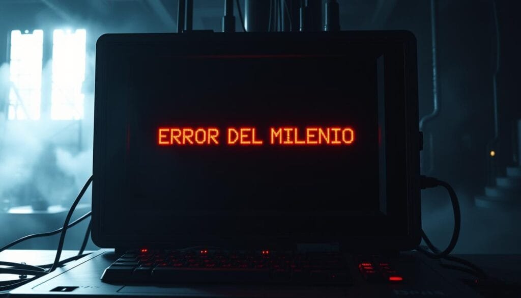 A darkened, retro-futuristic computer console, bathed in an ominous red glow, displays a prominent "ERROR DEL MILENIO" message. Intricate circuit boards and blinking lights evoke the technological anxiety of the 'Y2K' era, as if the system has been overwhelmed by an impending digital apocalypse. The scene is framed by a hazy, industrial background, accentuating the sense of foreboding and the looming technological challenges of the new millennium. Dramatic shadows and highlights create a chiaroscuro effect, heightening the dramatic tension and sense of unease. The overall mood is one of technological disruption and the fragility of our digital systems, reflecting the concerns and uncertainties of the 'Retos Tecnológicos y el Efecto 2000' era.