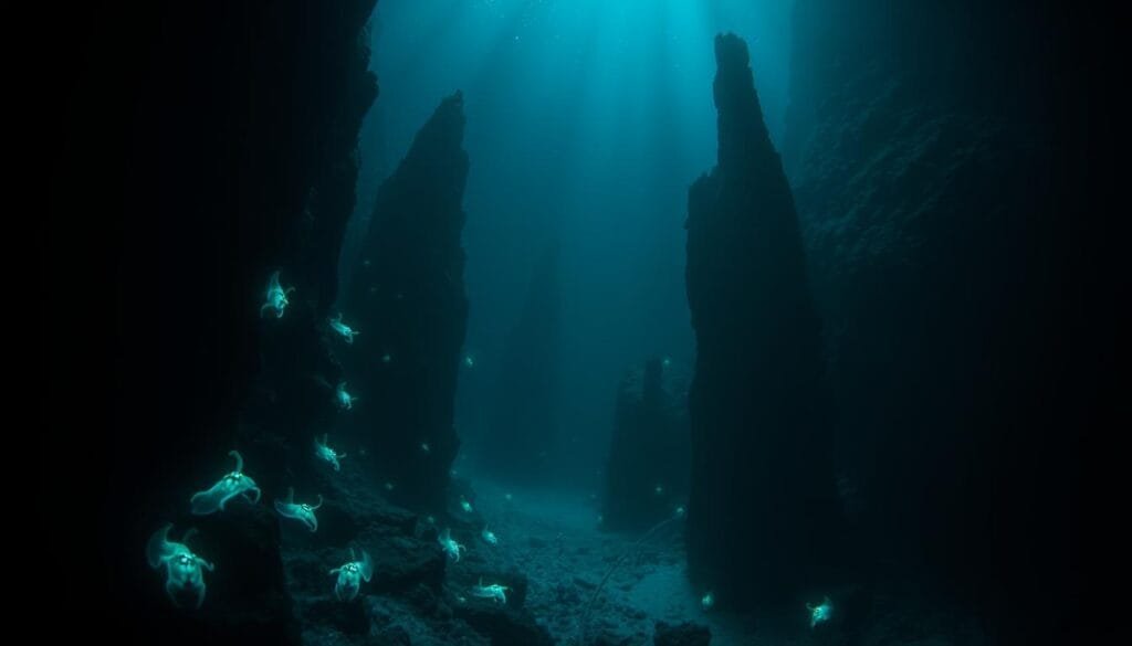 A deep, dark ocean floor, shrouded in mystery and intrigue. Glowing, bioluminescent creatures peer out from the shadows, their otherworldly forms a testament to the remarkable adaptations required to survive in this harsh environment. Towering, rocky outcroppings and treacherous crevices loom in the dimly lit middle ground, posing challenges to the fearless explorers who venture forth in their specialized submersibles. Beams of light pierce the inky blackness, illuminating the incredible diversity of life that thrives in the crushing pressures and total darkness of the seafloor. A sense of adventure and wonder pervades the scene, hinting at the many secrets still waiting to be uncovered in the mysterious depths of the ocean.