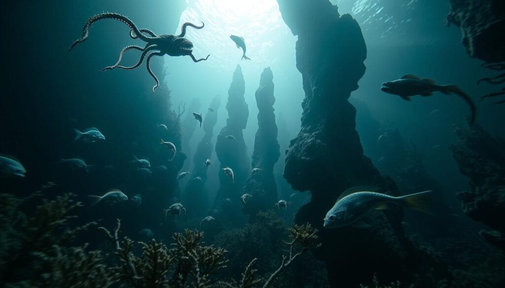A deep, mysterious underwater realm comes to life. In the foreground, bizarre, otherworldly creatures with bioluminescent tentacles and gaping maws float gracefully through the inky blackness. In the middle ground, strange fish with bulging eyes and twisted anatomies dart between towering rock formations and swaying kelp forests. The background is shrouded in an eerie, hazy glow, creating an atmosphere of wonder and unease. Captured with a wide-angle lens and dramatic low-key lighting, this scene evokes the unseen, unexplored wonders of the ocean's deepest, darkest depths.