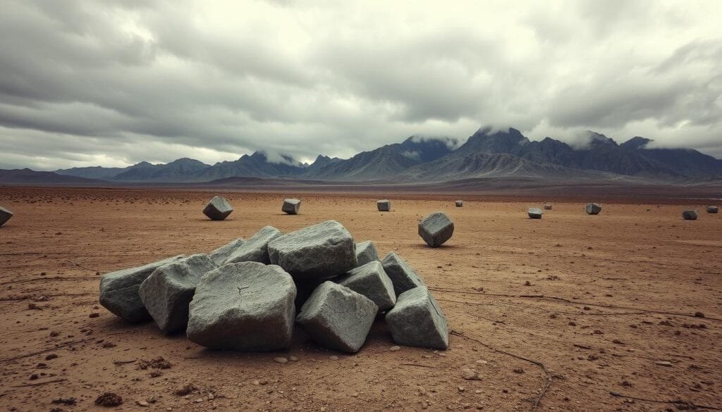 A desolate, barren landscape under a dramatic, overcast sky. In the foreground, a cluster of enigmatic, wind-sculpted rocks gently rolling across the parched earth, their weathered surfaces reflecting the dim, diffused light. The middle ground reveals a sparse, stunted vegetation struggling to survive in the harsh, inhospitable environment. In the distance, a range of rugged, jagged mountains rise up, their peaks shrouded in swirling mist, adding to the sense of mystery and the unknown. The scene conveys a palpable air of isolation and the lingering questions about the origins and mechanisms behind these intriguing "rolling stones."