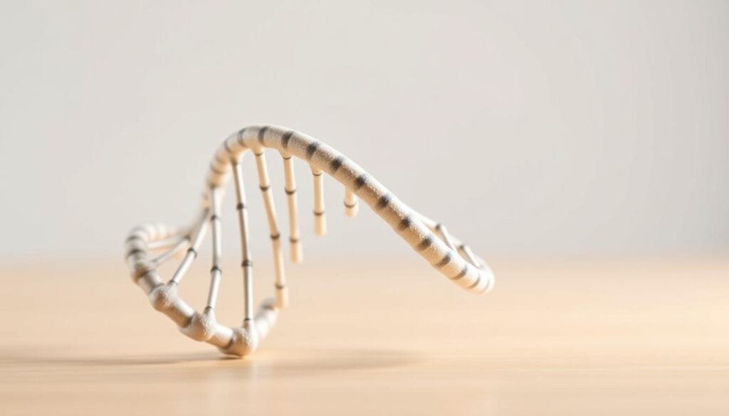 A detailed 3D diagram of the DNA double helix structure, showcasing its iconic spiral shape and intricate chemical composition. The DNA strands are depicted with realistic shading and lighting, highlighting the sugar-phosphate backbones and the complementary base pairs that form the rungs of the ladder-like structure. The scene is captured from a slightly elevated angle, providing a clear, unobstructed view of the DNA model against a subtly blurred, minimalist background to emphasize the subject. The overall mood is informative and scientific, conveying the complexity and elegance of the fundamental building block of life.