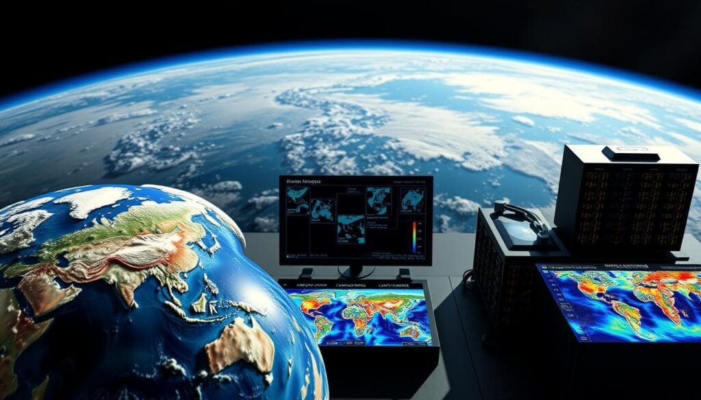 A detailed 3D visualization of climate modeling systems, showcasing various components and processes involved in predicting climate change. In the foreground, high-resolution global climate models run on powerful supercomputers, generating intricate simulations of atmospheric circulation, ocean currents, and greenhouse gas interactions. The middle ground features detailed data visualizations, including temperature anomaly maps, precipitation patterns, and sea level rise projections. In the background, a panoramic view of the Earth, subtly blending satellite imagery with abstract representations of the planet's climate system. The lighting is crisp and directional, casting dramatic shadows and highlights to emphasize the technical complexity and scientific rigor of modern climate science.