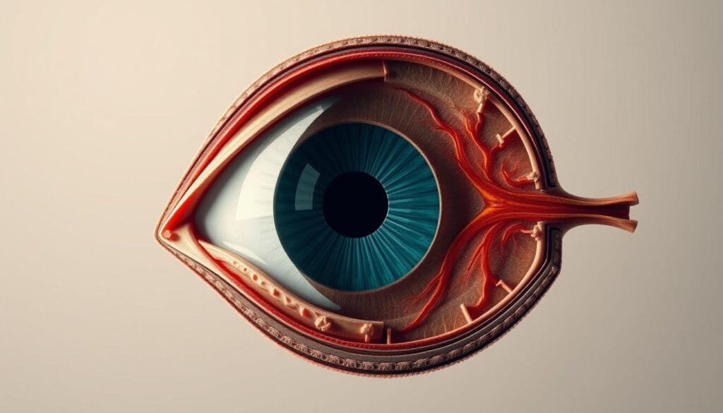 A detailed anatomical cross-section of the human eye, showcasing its intricate inner workings. The eye is rendered in a soft, muted color palette, with a focus on the cornea, iris, lens, retina, and optic nerve. The image is lit from the side, casting subtle shadows that accentuate the eye's three-dimensional structure. The background is a clean, neutral gradient, allowing the eye to be the central focus. The overall mood is one of scientific curiosity and visual exploration, capturing the wonder of the human visual system.