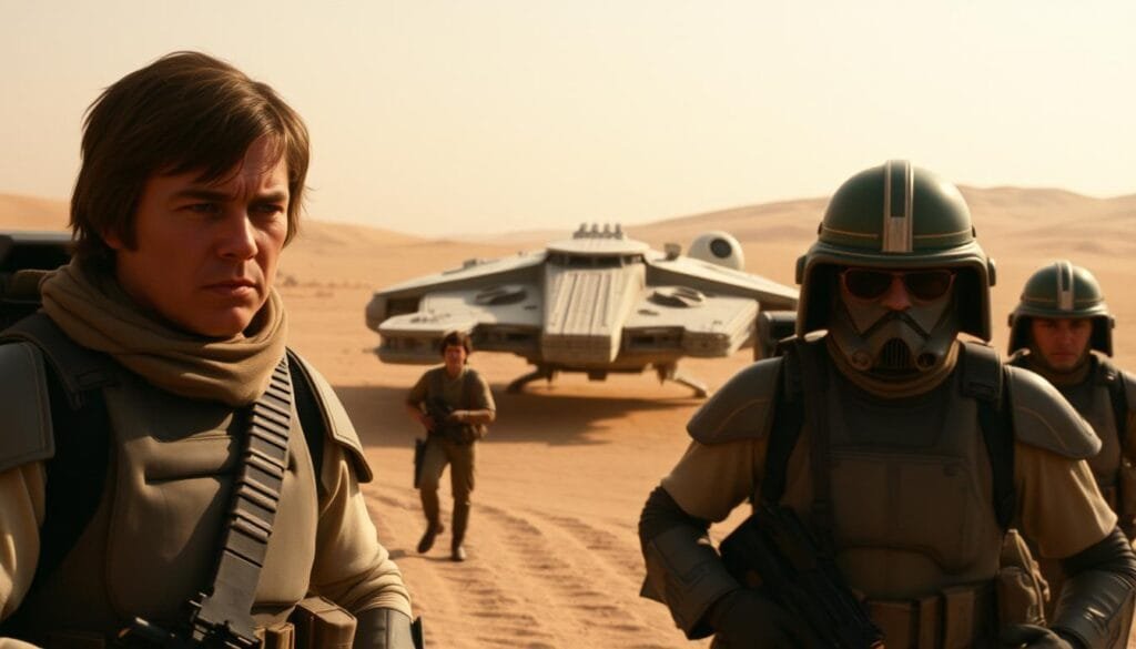 A detailed, cinematic view of a memorable scene from Star Wars: A New Hope, showcasing subtle visual errors or continuity issues. The foreground features a group of Rebel Alliance soldiers in combat gear, their expressions and poses suggesting a tense moment. The middle ground depicts the iconic Millennium Falcon spacecraft, with minor technical inconsistencies or anachronisms visible. In the background, the stark, desert landscape of Tatooine provides a fitting, familiar setting, bathed in warm, golden lighting that creates a sense of nostalgia. The overall mood is one of discovery, inviting the viewer to closely examine this beloved sci-fi classic for the imperfections that add to its charm.