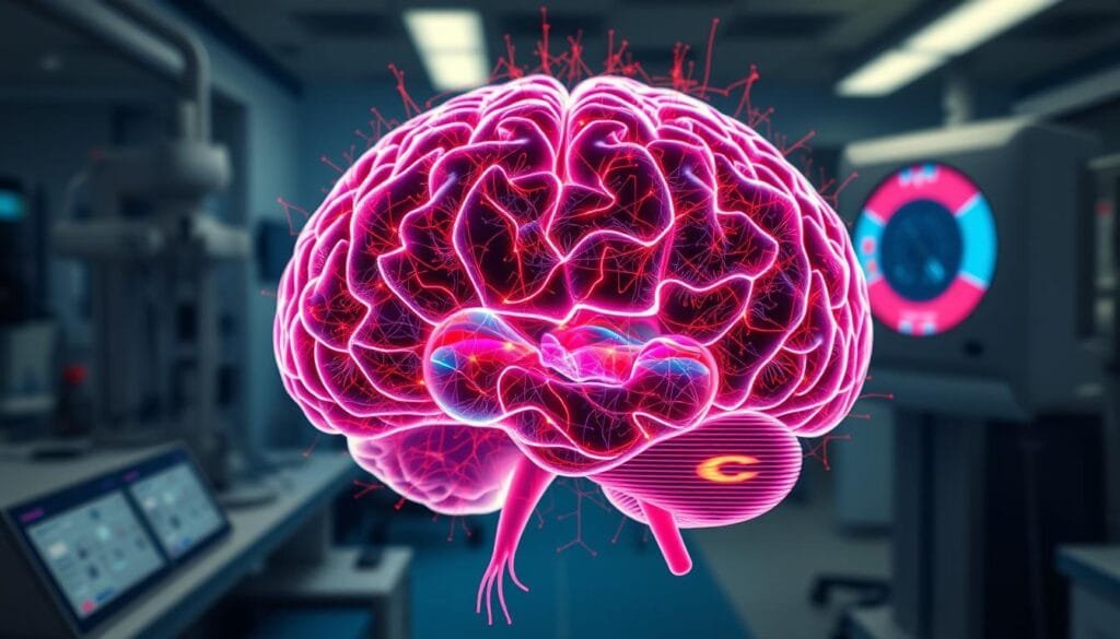 A detailed, high-resolution visualization of complete brain activity. The foreground depicts a vibrant, 3D cross-section of the human brain, showcasing intricate neural pathways, synaptic connections, and pulsing electrical impulses in vivid detail. The middle ground features a transparent, anatomical overlay highlighting the various lobes and regions of the brain, while the background displays a softly blurred, scientific laboratory setting with advanced neuroimaging equipment. The lighting is soft and directional, creating depth and emphasizing the complexity of the brain's inner workings. The overall mood is one of scientific curiosity and a deeper understanding of the remarkable capabilities of the human mind.