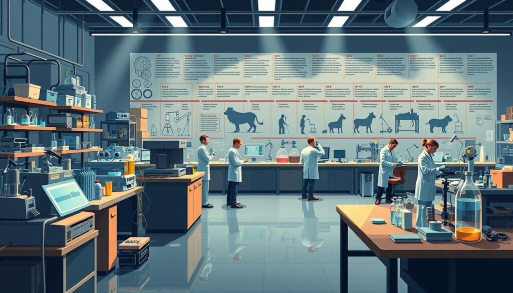 A detailed illustration of the evolution of psychological studies, showcasing the progression of research and experimentation methods over time. The foreground depicts a series of laboratory equipment and experimental setups, reflecting the advancements in psychological research. The middle ground features scientists and researchers engaged in various studies, while the background displays a timeline of important milestones and discoveries in the field of psychology. The lighting is crisp and evocative, creating a sense of scientific inquiry and intellectual exploration. The overall composition conveys the depth and complexity of the psychological discipline, its historical context, and the continued pursuit of understanding the human mind.