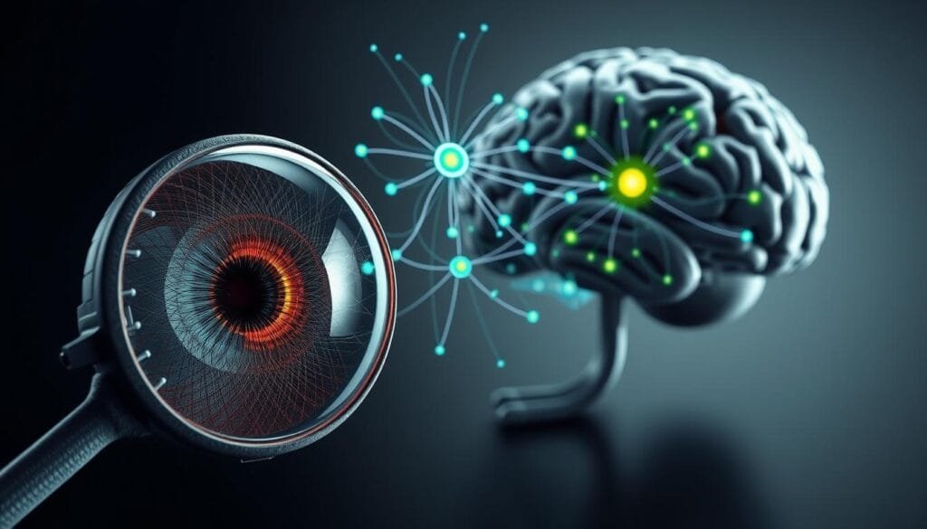 A detailed, intricate scientific diagram depicting the complex visual processing mechanisms of the human brain. In the foreground, a highly detailed cross-section of the eye, showcasing the cornea, lens, retina, and optic nerve. In the middle ground, a neural network diagram illustrating the pathways of visual information as it travels from the eyes to the visual cortex. In the background, a stylized 3D rendering of the brain, with the visual processing areas highlighted and glowing. The overall scene is rendered with a scientific, technical aesthetic, using a muted color palette of grays, blues, and greens, and crisp, high-resolution textures. Dramatic, directional lighting casts shadows and highlights the intricate anatomical details. The composition is balanced and symmetrical, conveying a sense of order and precision.