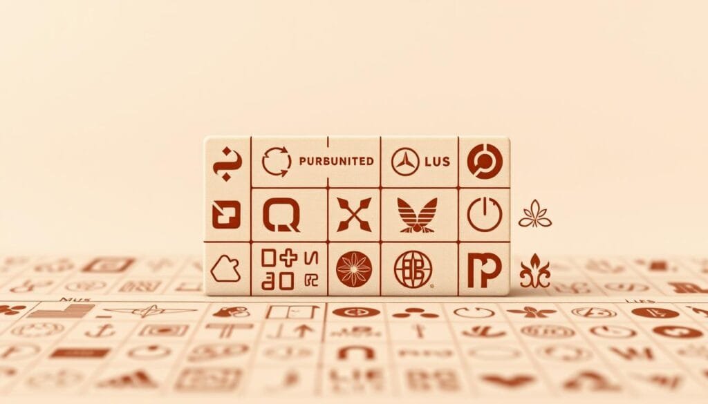 A detailed, minimalist composition showcasing iconic symbols and patterns often found in famous logo designs. The foreground features a grid-like arrangement of abstract geometric shapes, lines, and patterns in a muted, earthy color palette. The middle ground incorporates simplified, stylized renditions of well-known brand logos, each occupying its own space within the grid. The background is a soft, hazy gradient, allowing the logo elements to take center stage. The overall aesthetic conveys a sense of sophistication, symbolism, and subtle hidden meanings inherent in iconic brand identities. Captured with a sharp, focused lens under soft, directional lighting to accentuate the intricate details and bring out the depth and dimensionality of the design.