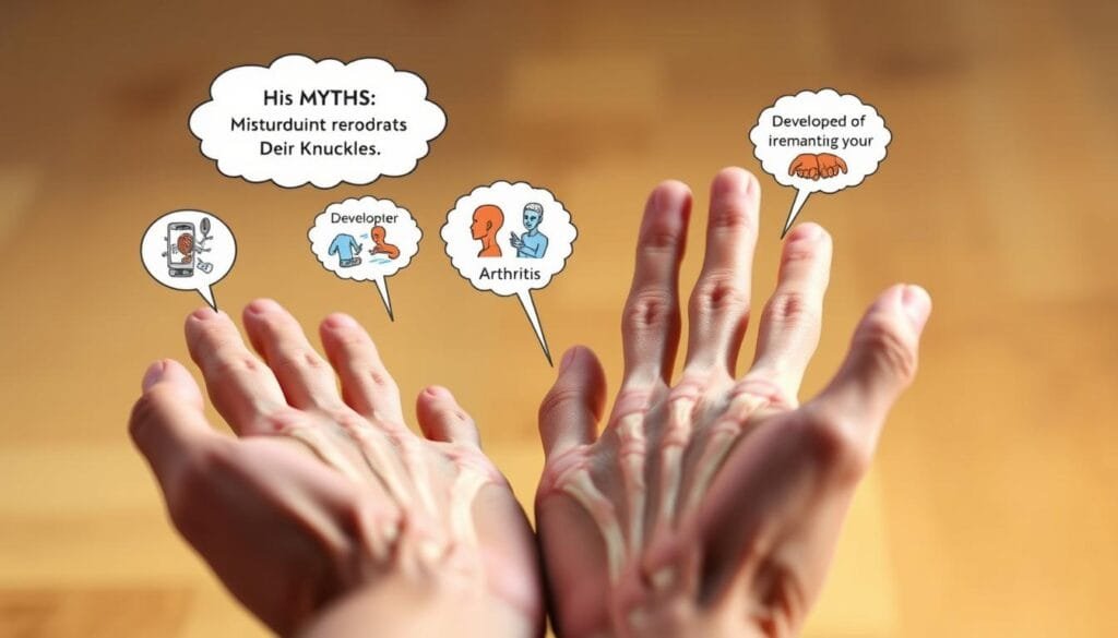 A detailed, photorealistic illustration depicting the myths surrounding the act of cracking one's knuckles. The scene shows a person's hands in the foreground, with the joints and tendons clearly visible. The middle ground features a series of small, thought-bubble-like illustrations depicting common misconceptions, such as the joints becoming permanently deformed or the development of arthritis. The background blurs into a warm, softly lit setting, emphasizing the educational and informative nature of the image. The lighting is natural and diffuse, creating a sense of calm and objectivity. The overall composition guides the viewer's eye through the various layers of information, encouraging contemplation of the scientific realities behind this familiar behavior.