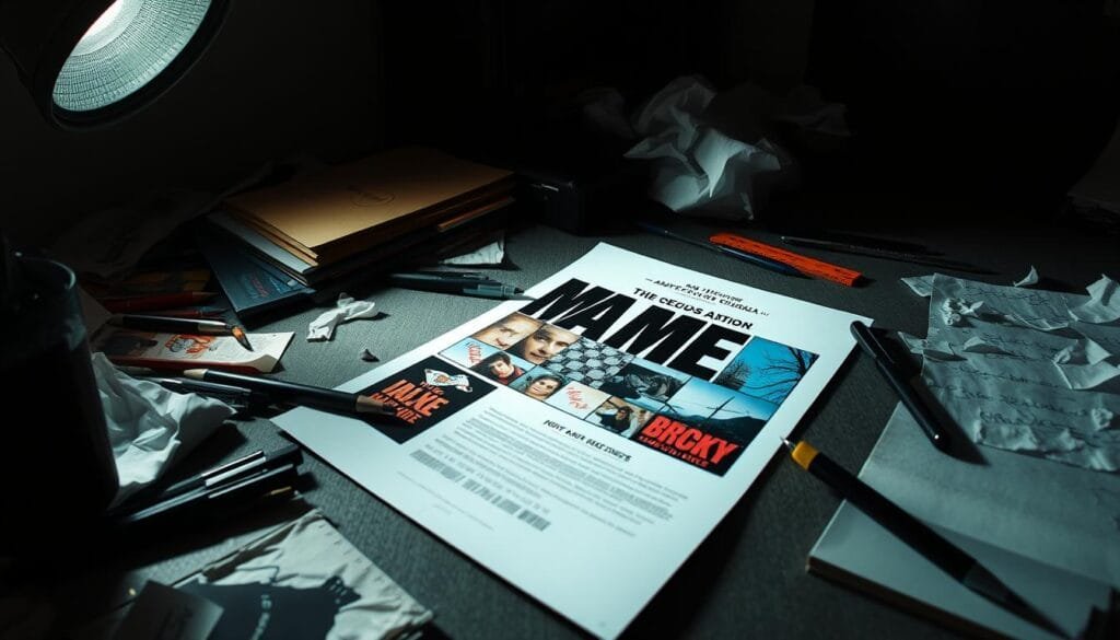 A dimly lit film studio, with a variety of graphic design elements scattered across a cluttered desk. On the desktop, a half-finished movie poster lays among pens, rulers, and crumpled paper. The lighting casts dramatic shadows, highlighting the imperfections and mistakes in the design - misaligned text, blurry images, and color clashes. A sense of chaos and the creative process gone awry permeates the scene, as the camera captures the unexpected details that often go unnoticed in the final cinematic product.