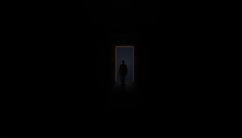 A dimly lit hallway casts an ominous glow, shadows dancing across the walls. The air is thick with an unsettling hush, inviting a sense of unease. In the periphery, a mysterious figure seems to linger, their presence hinted at by a flickering light. The narrow passage stretches out, the end obscured by a veil of darkness, beckoning the viewer to venture forth, yet instinctively triggering a deep-seated apprehension. The scene evokes a palpable tension, where the power of suggestion and the mind's susceptibility to fear converge, hinting at the psychological dynamics that shape our perceptions of the unknown.