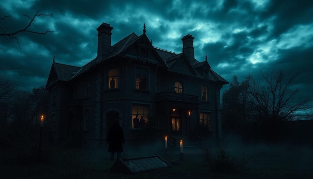 A dimly lit, haunting scene of an old, dilapidated mansion set against a stormy night sky. Shadowy figures lurk in the windows, while eerie fog creeps across the overgrown grounds. The crumbling facade is adorned with gothic architectural details, suggesting a history of dark secrets. Flickering candlelight casts an ominous glow, hinting at the paranormal legends that have taken root within these walls. The entire composition evokes a sense of unease and the supernatural, perfectly capturing the essence of "Historia y Origen de las Leyendas Paranormales".