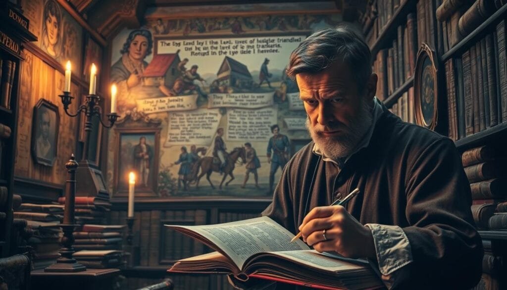 A dimly lit historical archive, shelves of aging books and scrolls casting long shadows. In the foreground, a scholar poring over a troublesome translation, brow furrowed, pen in hand. Behind them, a mural depicting scenes of miscommunication and misunderstanding across cultures and eras. The walls adorned with faded maps, worn documents, and the occasional cracked portrait frame. Warm candlelight flickers, casting an air of contemplation and the weight of history. The scene evokes a sense of the precarious and sometimes hilarious nature of translating the past, where small errors can have outsized consequences.