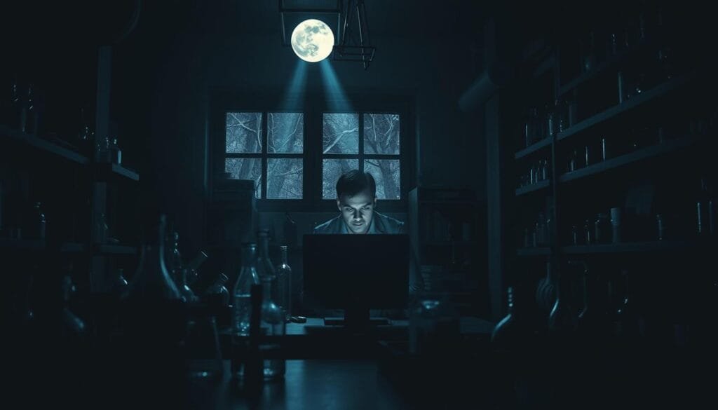 A dimly lit laboratory at night, an array of scientific instruments and glassware casting eerie shadows. In the center, a lone researcher peers intently at a specimen, the glow of a computer screen illuminating their concentrated expression. Beams of moonlight filter through the windows, adding an unsettling ambiance. The scene evokes a sense of scientific inquiry and the search for rational explanations, juxtaposed with the lingering unease of the nocturnal setting. The overall atmosphere suggests the tension between the objective nature of science and the subjective, suggestive power of the human mind when confronted with the unknown.
