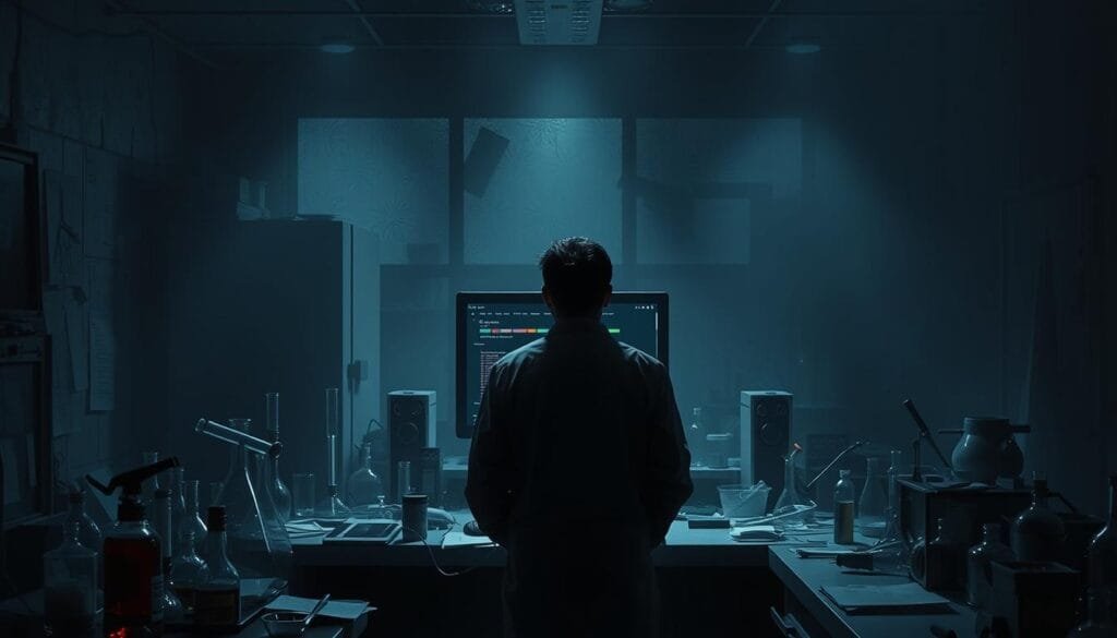 A dimly lit laboratory, beakers and test tubes scattered haphazardly across the cluttered workbench. In the center, a lone scientist, brow furrowed in concentration, scrutinizing the readouts on a computer screen with a skeptical gaze. Shadows loom in the corners, hinting at the mysteries and uncertainties that lurk in the pursuit of scientific knowledge. The air is thick with an atmosphere of contemplation and doubt, as the scientist grapples with the line between belief and disbelief. Muted tones of gray and blue cast an air of melancholy, a visual representation of the "escepticismo científico" that pervades this scene.
