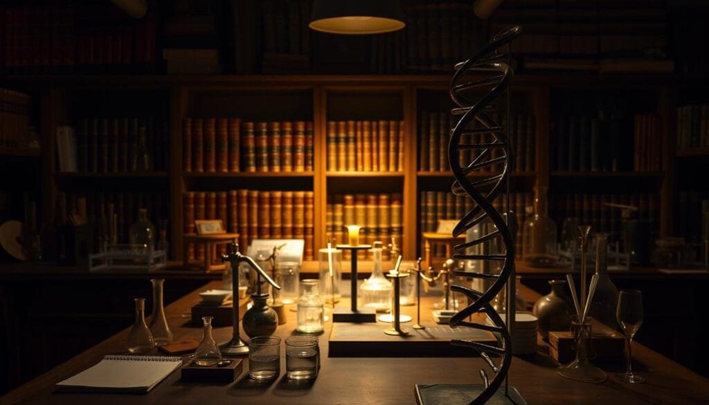 A dimly lit laboratory setting, with a central workbench showcasing historical scientific instruments and glassware. In the foreground, a DNA double helix model stands prominently, illuminated by a focused light source, casting dramatic shadows. In the middle ground, various test tubes, Petri dishes, and pipettes are arranged, hinting at ongoing experiments. The background features bookcases filled with leather-bound volumes, adding an air of scholarly inquiry. The overall scene conveys a sense of scientific discovery and the importance of DNA in the transmission of genetic information.