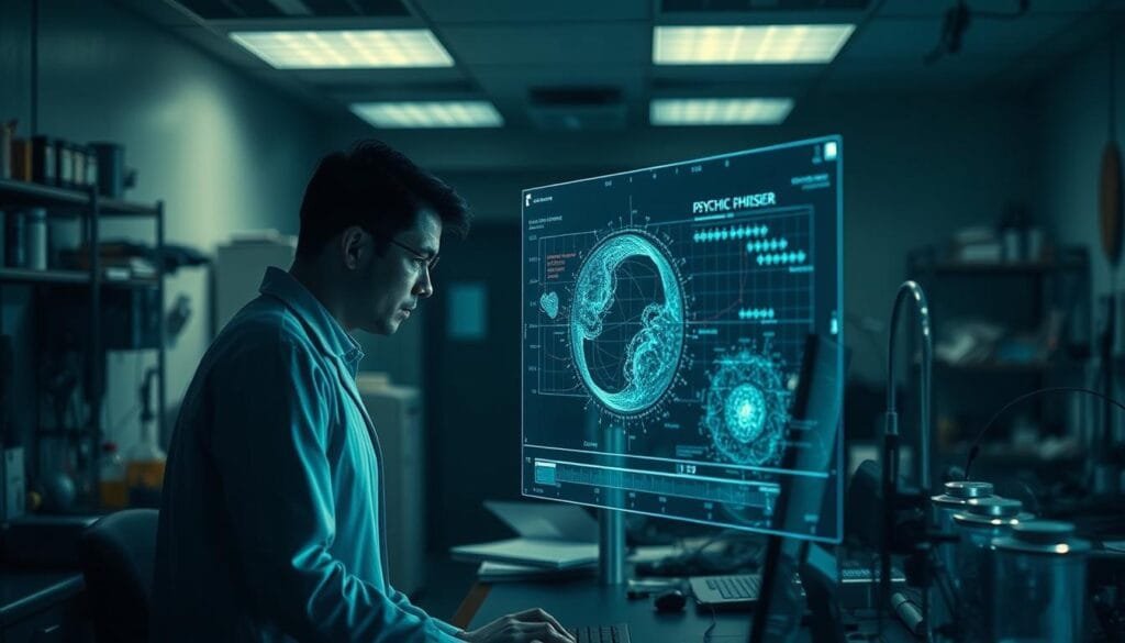 A dimly lit laboratory setting, with a sense of exploration and discovery. In the foreground, a scientist peers intently at a computer display, surrounded by an array of scientific instruments and equipment. The middle ground features a holographic projection, displaying a complex visualization or data analysis related to psychic phenomena. The background is blurred, hinting at a larger research facility, with a sense of purpose and innovation. The lighting is soft and atmospheric, creating a pensive, investigative mood. The overall scene conveys the notion of cutting-edge research and the potential impact of these investigations on our current understanding of the world.