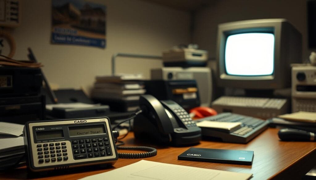A dimly lit office space from the 1990s, with a cluttered desk showcasing an array of technological tools. In the foreground, a Casio electronic organizer and a desktop cassette recorder sit side by side, their design echoing the aesthetic of the era. The middle ground features various office supplies, including a vintage landline telephone, a stack of floppy disks, and a CRT monitor displaying a faint image. The background blurs into a hazy, nostalgic atmosphere, conveying a sense of bygone technology and the passage of time. Soft, warm lighting casts gentle shadows, creating a wistful, almost melancholic mood.