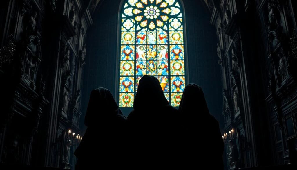 A dimly lit, ornate sanctuary adorned with intricate religious iconography. In the foreground, a tableau of three robed figures - the "nombre salvación profetas" - lost in contemplation, their faces cast in dramatic shadow and light. Behind them, a soaring stained-glass window casts a kaleidoscope of colors upon the scene. The atmosphere is one of mystery and reverence, with a sense of the mystical and the divine. The lighting is soft and chiaroscuro, highlighting the depth and texture of the detailed architectural elements. The overall composition evokes a sense of awe and wonder, befitting the subject matter of "Profetas Visionarios Curiosidades".