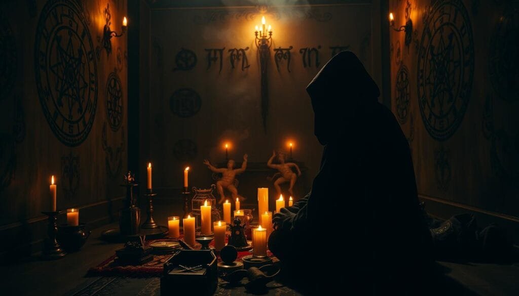 A dimly lit room, shadows dancing on the walls, a forbidden cultural interpretation takes center stage. In the foreground, an enigmatic figure sits cross-legged, their features obscured by a hooded robe. Intricate, otherworldly symbols adorn the walls, casting an aura of mystery and the supernatural. Candles flicker, casting a warm, golden glow that illuminates the scene, while incense wafts through the air, adding to the mystical atmosphere. The middle ground reveals a collection of arcane objects, each with a story to tell, hinting at the depth and complexity of this forbidden ritual. In the background, the room fades into a hazy, dreamlike state, emphasizing the liminal nature of this space, where the boundaries between the known and unknown blur.