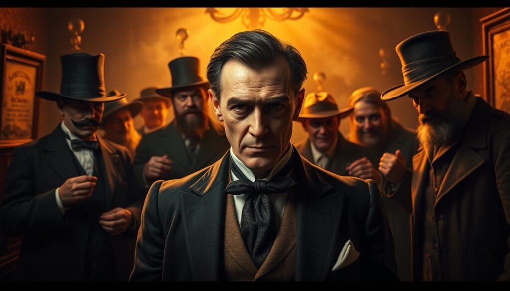 A dimly lit room, the air thick with the scent of deception. In the center, a group of historical con artists, their faces etched with cunning expressions. The foreground features a well-dressed gentleman, his slick demeanor and sly gaze betraying his true nature as a master of manipulation. Surrounding him, a cast of shady characters - a snake oil salesman peddling his wares, a fraudulent preacher commanding the attention of the masses, and a notorious swindler weighing his next scheme. In the background, a world tinged with the shadows of their misdeeds, a tapestry of forgotten histories and cautionary tales. The scene is illuminated by a warm, golden light that casts an unsettling glow, hinting at the profound impact these historical estafadores have had on the collective consciousness.