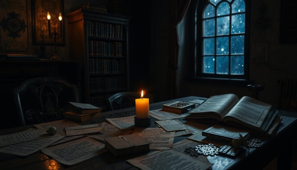 A dimly lit room, with shadows casting an air of mystery. In the foreground, an assortment of puzzles, riddles, and cryptic clues lie scattered on a worn wooden table. A single candle flickers, casting an amber glow that accentuates the intricate details of the mind-bending conundrums. The middle ground features a bookshelf, filled with ancient tomes on the occult and esoteric knowledge, hinting at the depth and complexity of the short, yet captivating, enigmas. In the background, a large window reveals a starry night sky, suggesting the boundless possibilities and the thrill of unraveling the mysteries. The overall atmosphere is one of cerebral challenge, intellectual curiosity, and a sense of adventure.