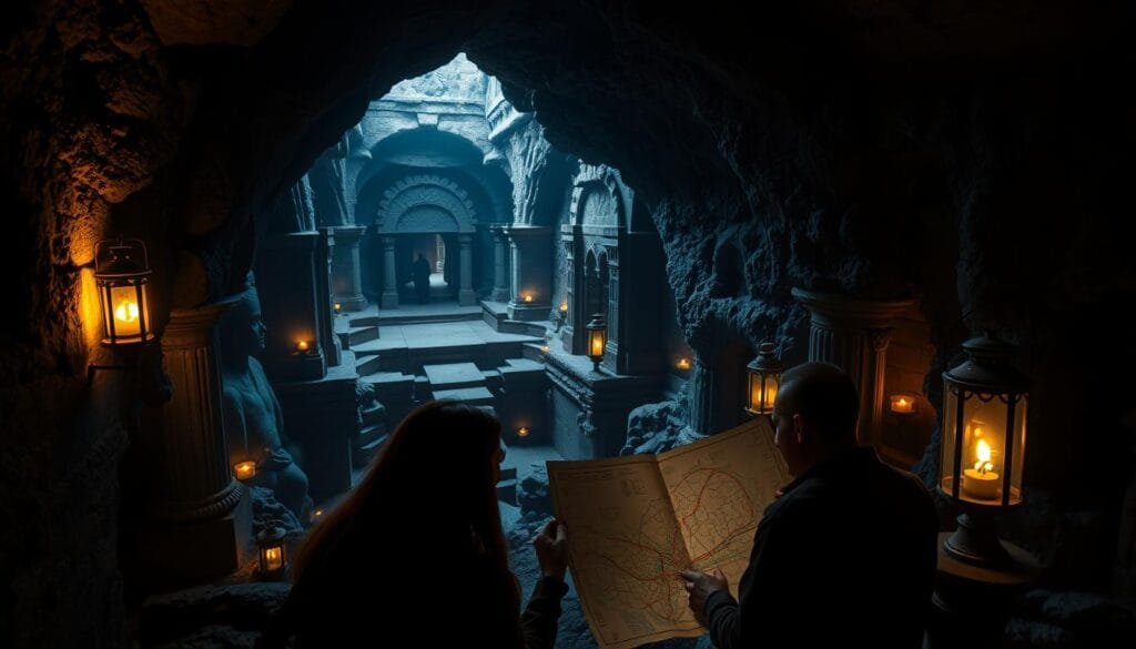 A dimly lit underground chamber, illuminated by the warm glow of lanterns and torches. In the foreground, a group of adventurers examining a detailed map, their faces cast in shadows, pondering practical tips for navigating the hidden city. The middle ground reveals the cavernous expanse, with intricate stone arches and carved alcoves, hinting at the architectural marvels that lie in wait. In the background, a sense of mystery and exploration, as the passageways recede into the unknown, beckoning the viewer to delve deeper into this subterranean world.