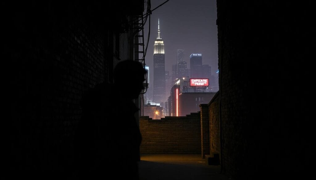 A dimly lit urban alley, where the line between myth and reality blurs. In the foreground, a shadowy figure emerges, its features obscured by the low, dramatic lighting. The middle ground reveals a crumbling brick wall, its surface weathered and textured, hinting at the passage of time. In the background, a hazy cityscape looms, its towering skyscrapers and neon signs casting an eerie glow over the scene. The atmosphere is one of mystery and unease, as if the urban landscape itself holds secrets and legends waiting to be unraveled. A cinematic, high-contrast image that captures the fusion of the imagined and the tangible.