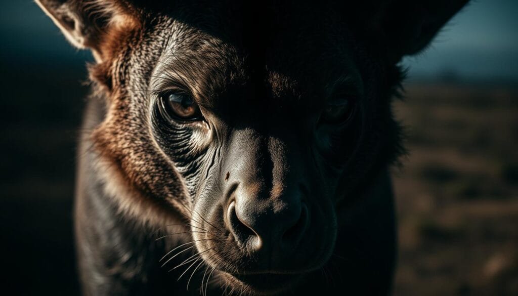 A dramatic close-up of a critically endangered species, with a striking, weathered face and piercing eyes that convey the fragility and resilience of life on the edge of extinction. The subject is illuminated by dramatic chiaroscuro lighting, casting deep shadows that accentuate the unique features and textures of the animal's form. The background fades into a hazy, out-of-focus landscape, suggesting the precarious balance between the creature and its dwindling habitat. An atmosphere of tension and urgency pervades the scene, underscoring the importance of conservation efforts to protect this irreplaceable living treasure.