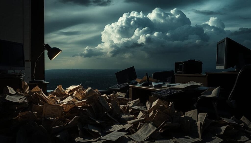 A dramatic scene of historic financial losses, a vivid tapestry of economic ruin. In the foreground, piles of crumpled financial documents and discarded stock certificates litter a somber, dimly lit office space. Shadows cast by a lone desk lamp create a melancholic atmosphere, while the middle ground reveals overturned furniture and a shattered computer monitor, symbolizing the collapse of once-thriving enterprises. In the background, a looming, ominous cloud of economic uncertainty obscures the horizon, hinting at the far-reaching repercussions of these catastrophic events. The lighting is moody and chiaroscuro, emphasizing the gravity and weight of the financial calamity depicted. This scene captures the historic scale of the losses, their human toll, and the lingering impact on the economic landscape.