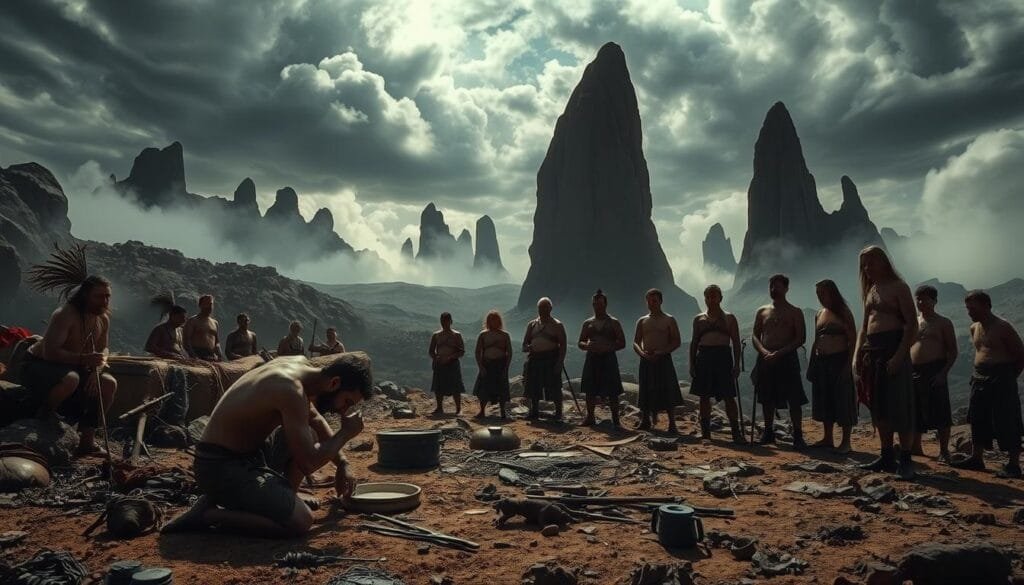 A dramatic, visceral scene of extreme ritual challenges set against a rugged, otherworldly landscape. In the foreground, a figure endures a harrowing test of physical endurance, surrounded by the tools and symbols of a primal, mystic tradition. The middle ground reveals a gathering of solemn onlookers, their expressions a mix of awe and trepidation. The background is a vast, alien vista - towering rock formations, swirling mists, and an ominous, turbulent sky that hints at the profound spiritual forces at play. Dramatic chiaroscuro lighting casts dramatic shadows, heightening the sense of tension and ritual intensity. The overall mood is one of raw, elemental power and the transformative potential of extreme rites of passage.