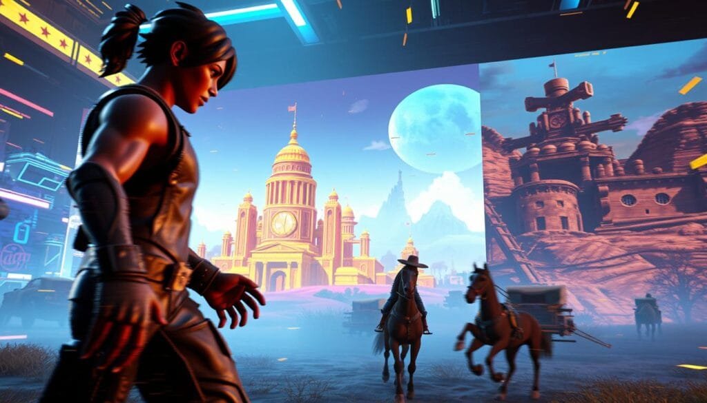 A dynamic, modern scene of glitching and buggy video game elements. In the foreground, a 3D model of a character from a popular battle royale game, their limbs and movements distorted and twitching erratically. The middle ground features stylized, neon-tinged environments from a futuristic open-world RPG, with buildings and landscapes pixelating and clipping through one another. In the background, glimpses of a Wild West setting from a renowned action-adventure title, its graphics and physics engine malfunctioning, horses and carriages warping and flickering. Dramatic, high-contrast lighting casts an ominous, glitch-infused atmosphere, as if the very fabric of these virtual worlds is unraveling.