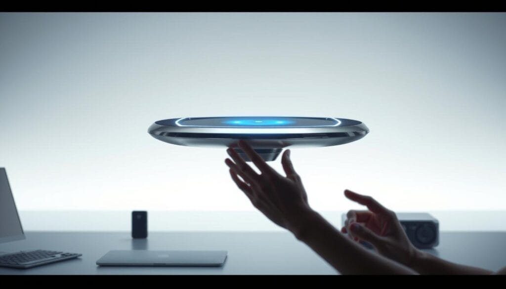 A futuristic interactive device hovers above a minimalist desk, its sleek metallic surface reflecting the soft ambient lighting. Nearby, a pair of hands clap in the air, seamlessly controlling the device's functions through intuitive sound gestures. The background fades into a serene, high-tech environment, hinting at the revolutionary potential of this "Sound Control" technology to redefine how we interact with our gadgets. A sense of wonder and discovery pervades the scene, capturing the essence of a forgotten innovation that sought to transform the world.
