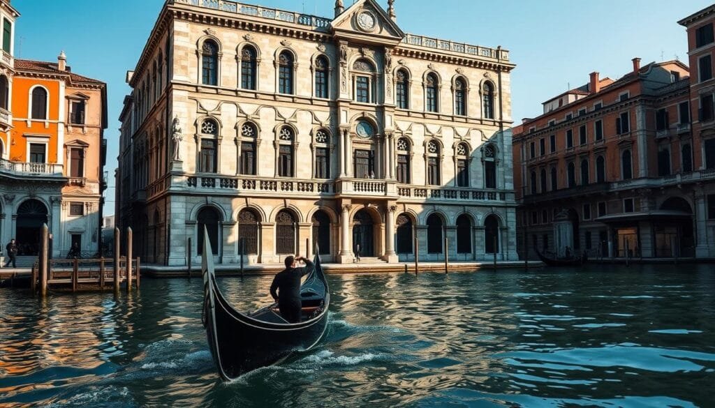 A grand, gothic palazzo stands tall amidst the serene Venetian canals, its weathered facade casting shadows upon the still waters. The historic Ca' Dario, with its ornate gothic arches and intricate stone carvings, exudes an air of mystery and foreboding. Sunlight filters through the tall windows, illuminating the ornate interiors and highlighting the building's enigmatic aura. In the foreground, a gondola glides silently, its passenger capturing the palace's haunting beauty. The surrounding cityscape recedes into the background, emphasizing the structure's solitary, haunting presence. A sense of unease and the supernatural lingers in the atmosphere, inviting the viewer to unravel the palazzo's captivating history.