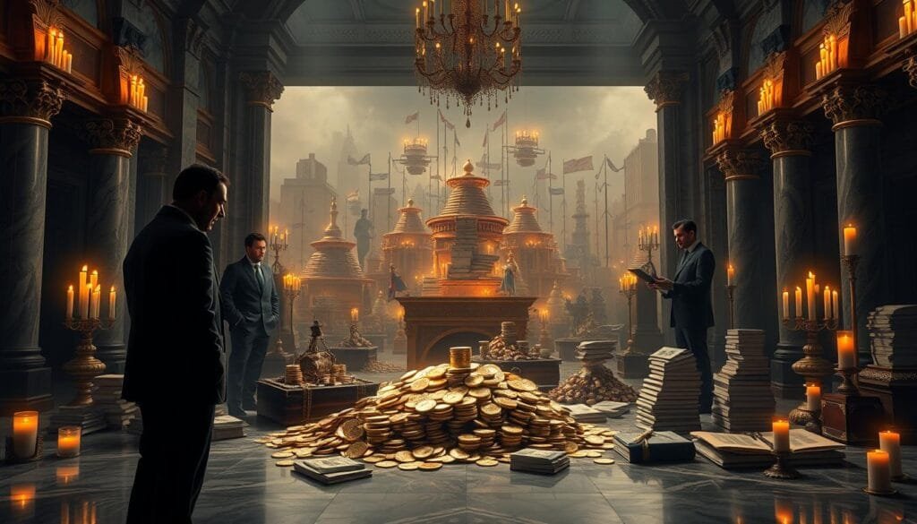 A grand marble hall, dimly lit by flickering candlelight, sets the stage for a tableau of financial infamy. In the foreground, shadowy figures in tailored suits whisper conspiratorially, surrounded by piles of gold coins and stacks of counterfeit documents. The middle ground reveals a sprawling network of elaborate schemes, from Ponzi pyramids to fraudulent investment vehicles, all orchestrated with an air of convincing authority. The background fades into a hazy uncertainty, hinting at the far-reaching consequences of these legendary swindles that have captivated the public imagination for generations.