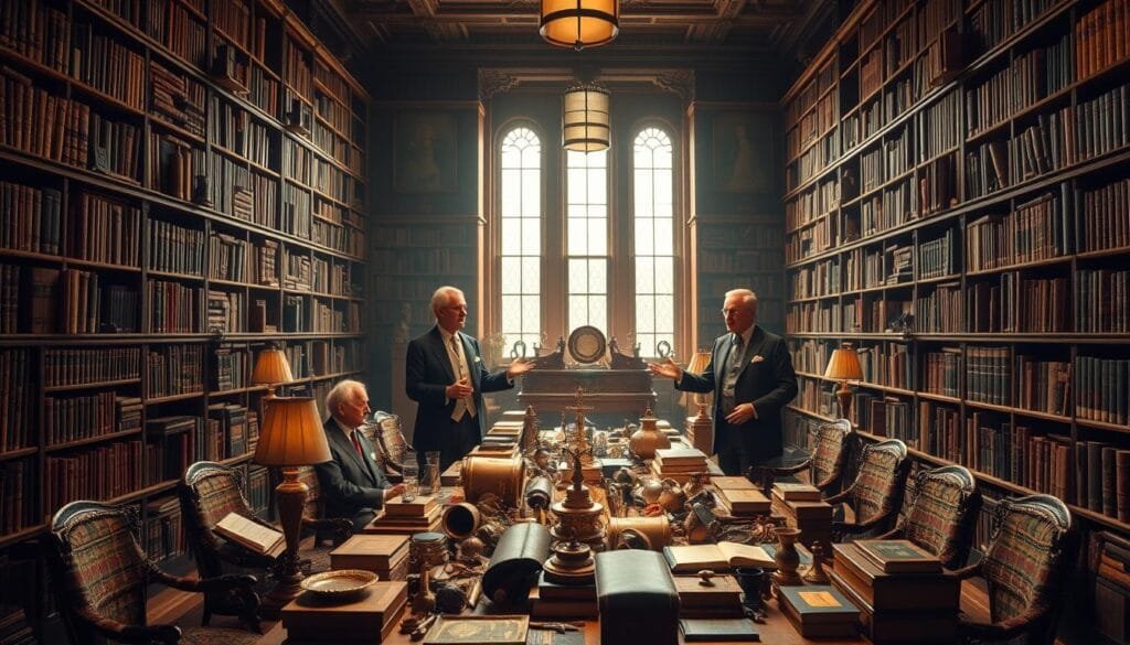 A grand, old-fashioned library interior, with towering bookshelves lining the walls and a central table covered in a variety of rare and eclectic objects. Prominent collectors, dressed in refined attire, converse animatedly, gesturing towards their prized possessions. Soft, golden lighting filters in through tall windows, creating a warm, scholarly atmosphere. The scene conveys a sense of wonder, passion, and the thrill of discovering the unexpected among the diverse collection of curios and artifacts. The composition should be balanced, with the collectors and their collections as the focal points, set against a detailed, atmospheric background.