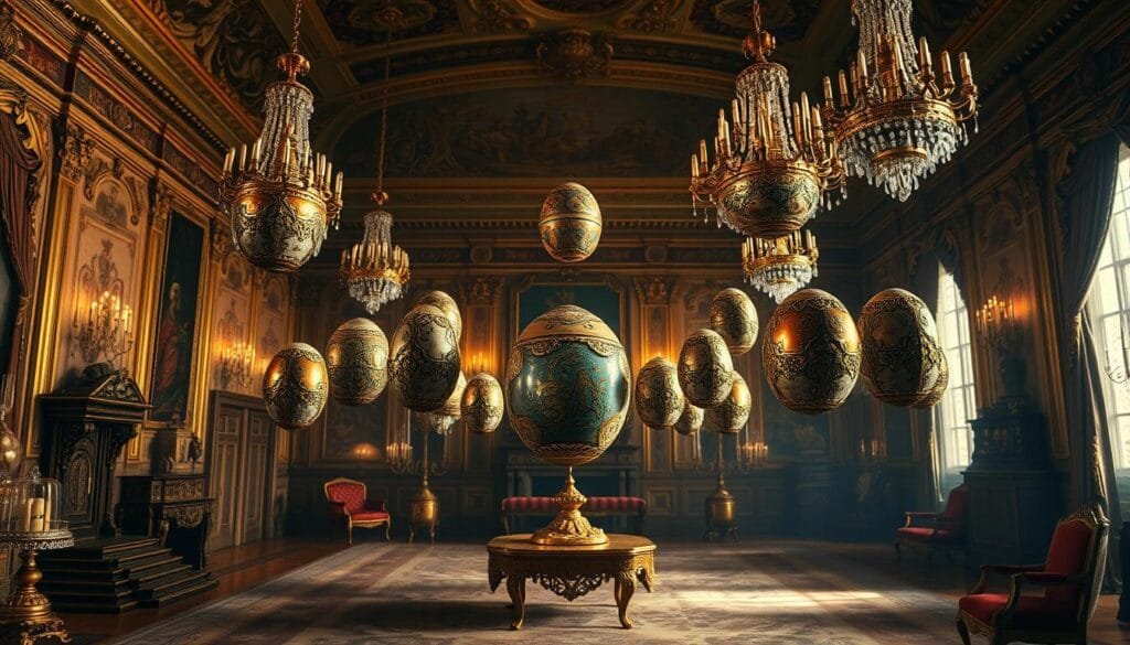 A grand, opulent chamber bathed in warm, golden light. In the center, a collection of lost Fabergé eggs floats in midair, their ornate enameled surfaces gleaming with an otherworldly shimmer. Delicate filigree patterns and bejeweled embellishments adorn their curved forms, hinting at the meticulous craftsmanship of their creation. Surrounding the levitating eggs, an array of antique furniture, ornate tapestries, and glittering chandeliers evoke the splendor of a bygone era. The scene exudes a sense of wonder and mystery, as if these priceless Imperial treasures have been discovered in a forgotten, enchanted realm.